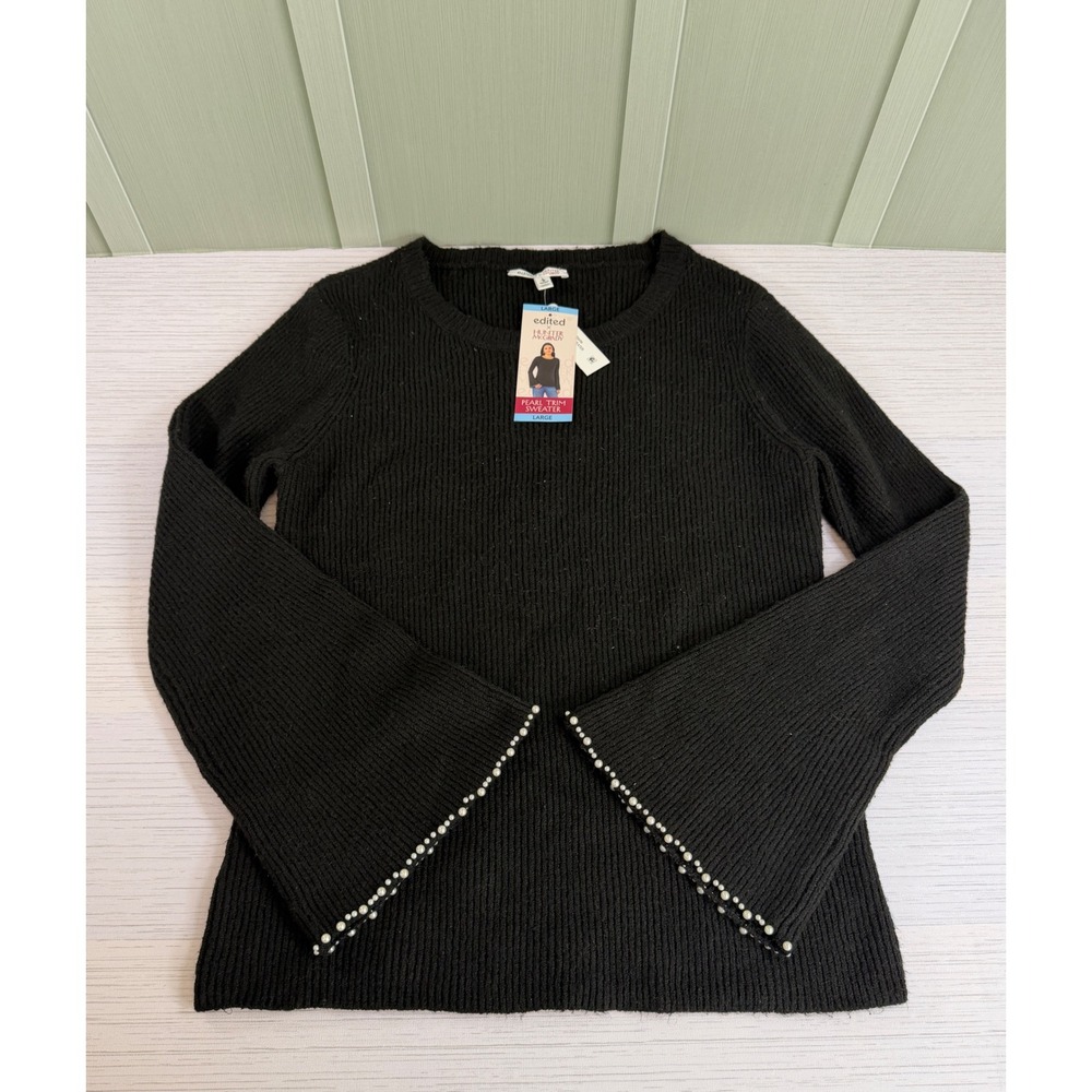 Edited x Hunter McGrady Womens Large Pearl Trim Sweater Black Ribbed Bell Sleeve
